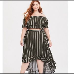 OLIVE GREEN STRIPE CHALLIS CROP TOP & HI-LO SKIRT